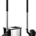 HAMITOR Toilet Plunger and Brush Set: 2 in 1 Stainless Steel Rustproof Combo with Deep Cleaning Curved Bristles - Heavy Duty Toilet Unclogging for Family Bathroom - Compact Apartment Accessories (Silver)