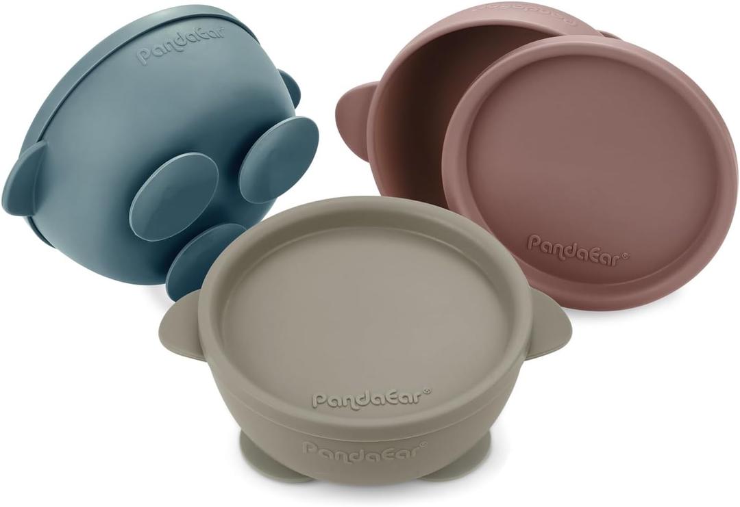 PandaEar 3 Pack Baby Suction Bowls with Lids Stay Put Silicone Toddler Bowls for Self-Feeding & Travel, 100% Food Grade BPA-Free, Leakproof Feeding Set (Muted Earth Tones)