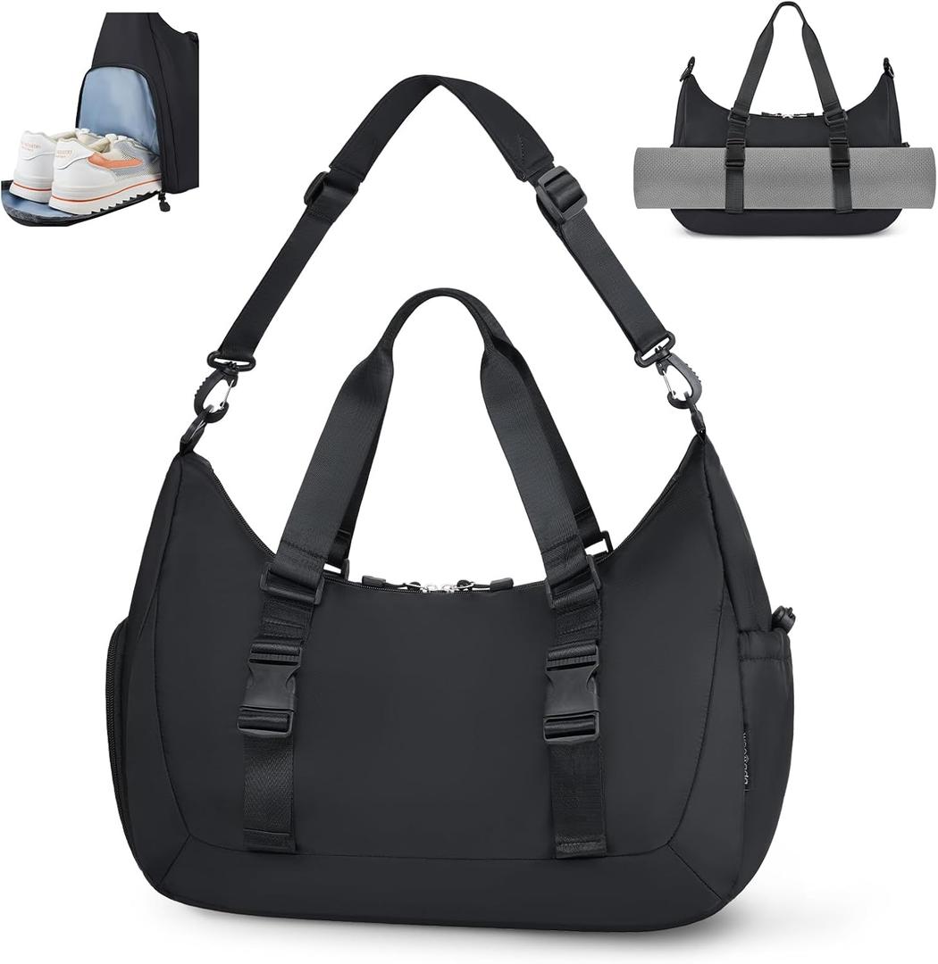 WOOMADA Gym Bag for Women with Yoga Mat Holder, Yoga Duffle Bag with Shoe Compartment, Multi-Purpose Travel, Workout, Dance, Sports Bag(Black)