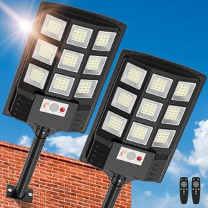Solar Lights Outdoor,IP66 Waterproof Solar Street Lights Outdoor,6500K LED Dusk to Dawn Security Flood light with Motion Sensor and Remote Control for Yard,Parking Lot, Courtyards,Garages 2-Pack