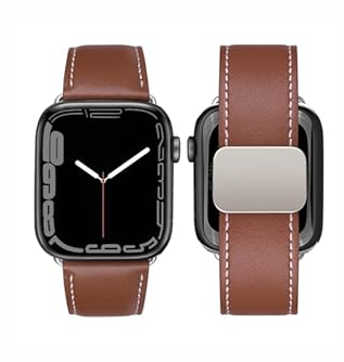 MroTech Magnet Leather Band Compatible with Apple Watch Band 49mm 45mm 44mm 42mm, Genuine Leather with Magnetic Buckle Strap Compatible with Apple Watch Ultra Series 9/ 8/ 7/ 6/ 5/ 4/ 3/ 2/ 1/ SE, Soft Brown