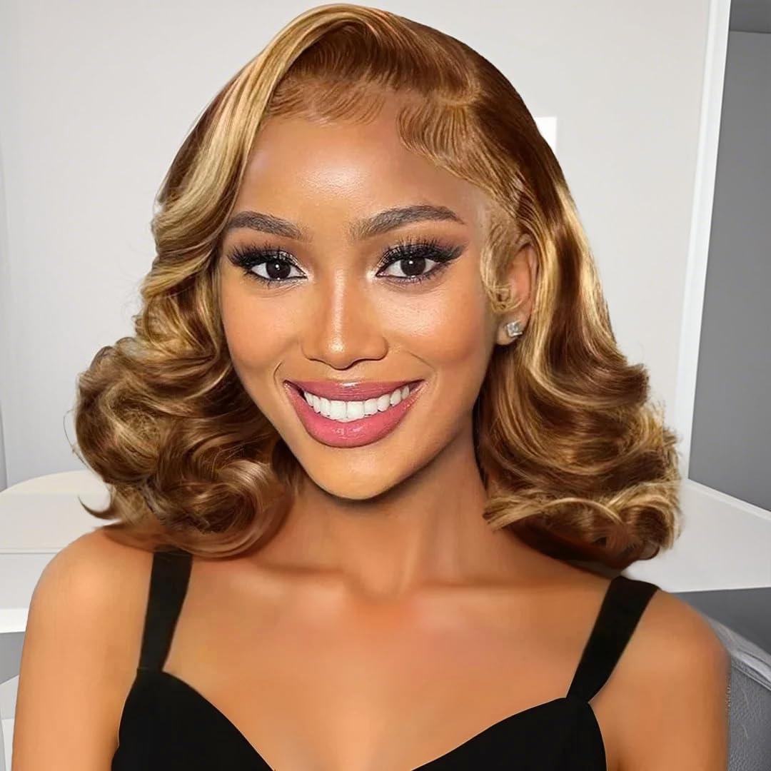 Highlight Bob Wig Human Hair 13x4 Hd Lace Front Wigs Human Hair Pre Plucked Body Wave Wigs Human Hair 180 Density Ombre Lace Frontal Wigs For Black Women Glueless Wig (12 Inch,Brown Blonde)