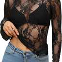 OFEEFAN Womens Tops Women's Clothing Mesh Lace Long Sleeve Shirts Summer Business Casual Outfits Vacation Country Concert Western Fall Fashion 2026 Slim Fitted Dressy Crewneck Blouses Clothes Black M