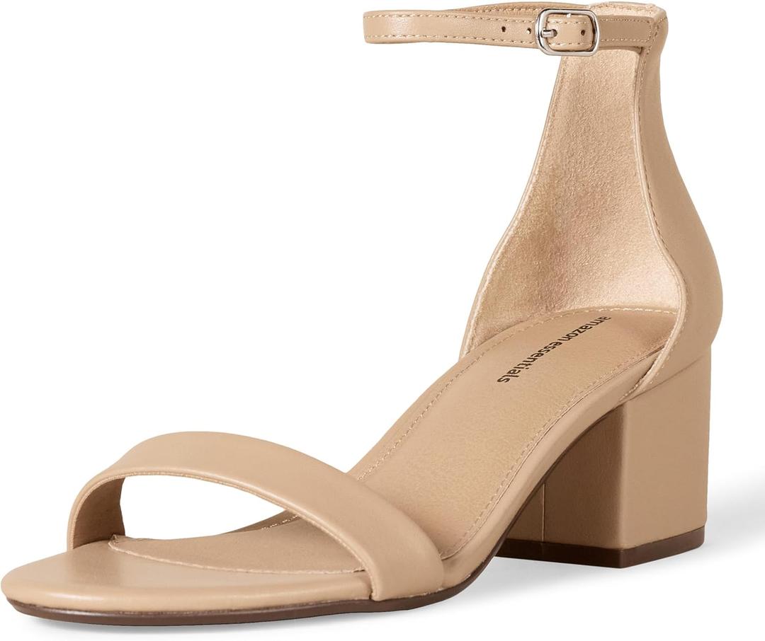 Amazon Essentials Women's Two Strap Heeled Sandal (6.5, Beige Faux Leather)