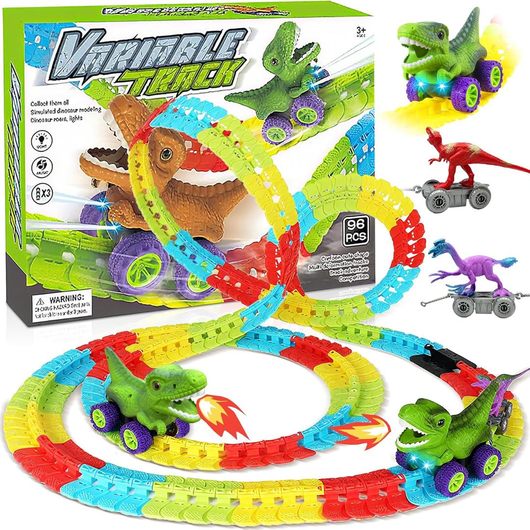 96pcs Dinosaur Train Set, Dinosaur Toys, Dinosaur Car Toy 360 Electric Climbing Race Tracks with Sound and Lights, Dinosaur Toys for Living Room, Bedroom, Girls and Boys