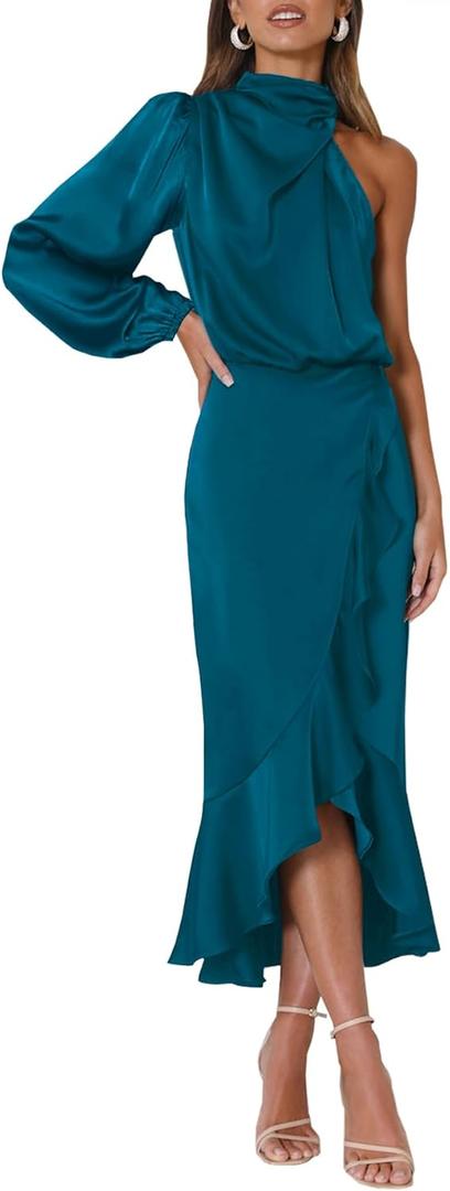 MITILLY Women's Satin Formal One-Shoulder Mock Neck Long Sleeve Bodycon Wrap Mermaid Hem Cocktail Party Maxi Dress New (Peacock Blue), S