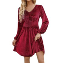 Zeagoo Womens Velvet Dress Sexy V-neck Long Sleeve Stretch Mini Party Cocktail Flared Dress Size Medium, Red 