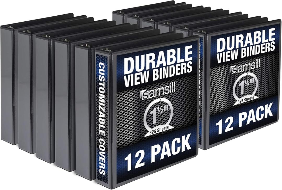 Samsill 12 Pack Durable 1.5 Inch 3 Ring Binders, Round Ring, Clear View Cover for Presentations, Black
