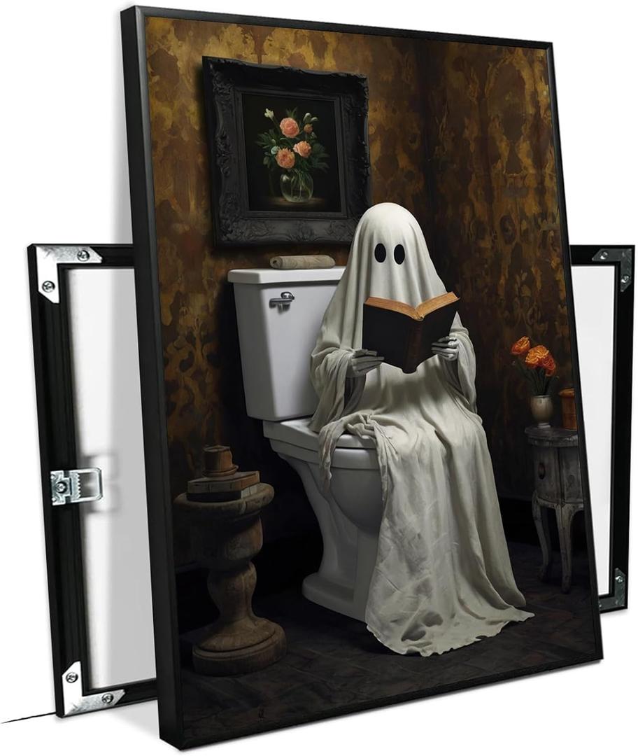 XWNLTEPK Halloween Canvas Wall Art Spooky Ghost Reading on Toilet Poster Vintage Bathroom Scene with Floral Painting Wooden Table Books Decor for Living Room Bedroom (8x12in Black Framed, A03)