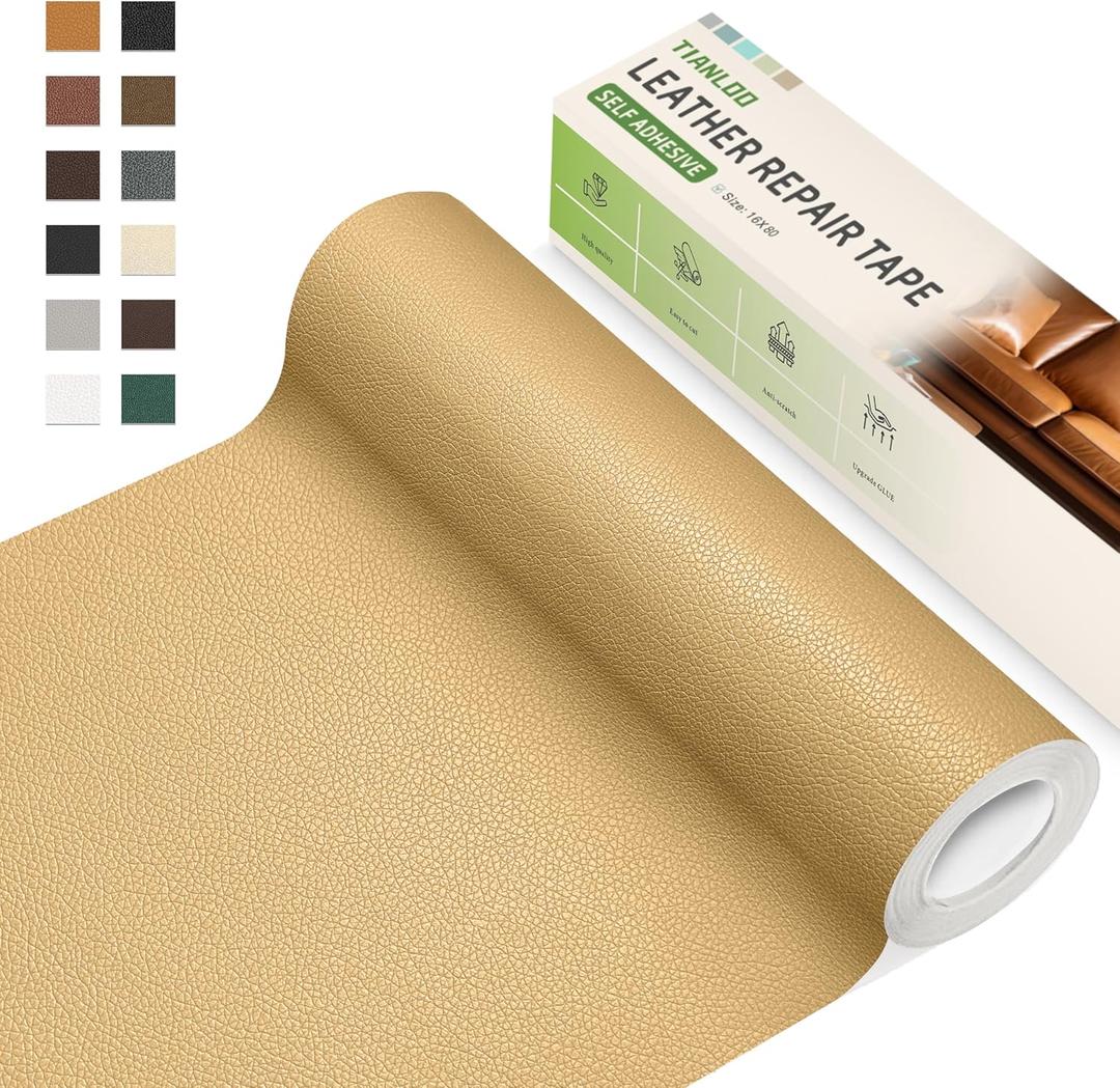 TIANLDD Leather Repair Tape,16 x 80 Inches Self Adhesive Leather Repair PatchLeather Repair Kit for FurnitureCouches,Car Seats,Cabinets,Handbags(Khaki-Litchi Grain)