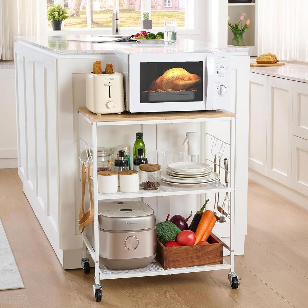 Rolling Kitchen Microwave Cart, 3 Tier Microwave Stand with Storage, Small Kitchen Island on Wheels, Wood and Mental Kitchen Shelf Rack, White Organizer for Living Room, Office, Balcony