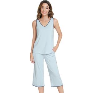 NACHILA Women's Pajamas-Viscose Made from Bamboo, Sleeveless Pajama Set Soft Tank Top Sleepwear Capri Pants Pjs, Medium 
