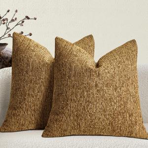 Golden Brown Couch Decorative Throw Pillow Covers 18 x 18 in Set of 2 - Autumn Fabric Textured Retro Farmhouse Style Accent Cushion Case Square Pillowcase for Sofa, Couch, Living Room