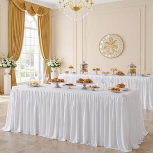204Inch White Polyester Table Skirt for Rectangle tables 6ft(Full Cover), Wrinkle Free Pleated Ruffle Cloth Table Desk Skirts 17ft for Banquet,Wedding,Trade,Baby Shower,Display Gift Dining Tables (204" x 30" (Rectangular)