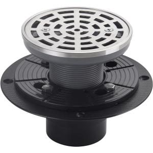 4 1/4" Shower Drain Round Brushed Nickel, Removable Grille Strainer Screws in Drain Cover, Base with Adjustable Drain Flange Kit PVC, SUS304 Stainless Steel