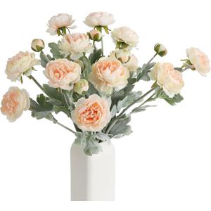 IPOPU Champagne Fake Peonies Artificial Ranunculus Flowers 6pcs 18Heads Champagne Silk Flowers 20.47" Artificial Flowers Bulk for Faux Floral Arrangements Home Table Decor