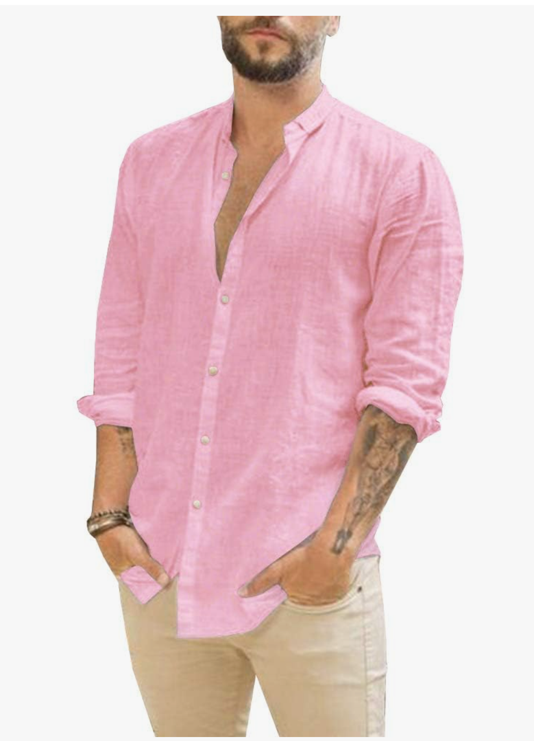 Makkrom Men Linen Shirt Button Down Long Sleeve Cotton Beach Band Collar Casual Summer Shirts, Size L