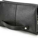 Contacts Code Lock Clutch Bag for Men Full Grain Leather Anti Theft Clutch Wallet Travel Purse with Handle Phone Card Holder Large Business Handbag (Black)