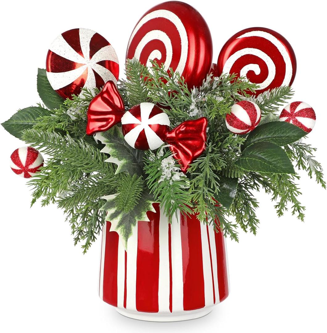 Christmas Table Centerpieces Decorations 12.9" Artificial Small Christmas Tree Potted Plant with Red and White Lollipop Candy Canes Pine Cones for Indoor Home Xmas Party Arrangement Centerpieces Decor (Style 5)