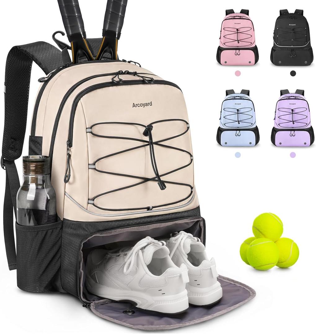 Tennis Bag Holds 2 Rackets, Professional Tennis Bags for Women, Tennis Backpack with Ventilated Shoe Compartment (Beige)