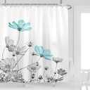 Teal Gray Floral Shower Curtain 72''W x 72''L Daisy Elegant Flower Grey Cute Wildflower Botanical Bathroom Curtains Accessories Polyester Fabric 12 Pack Hooks