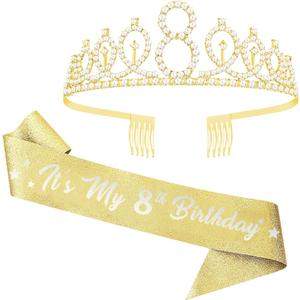 8th Birthday Sash and Tiara, 8 & Fabulous Glitter Sash and Birthday Crown Set, Happy 8th Birthday Gifts for Party Supplies and Decorations, Gold