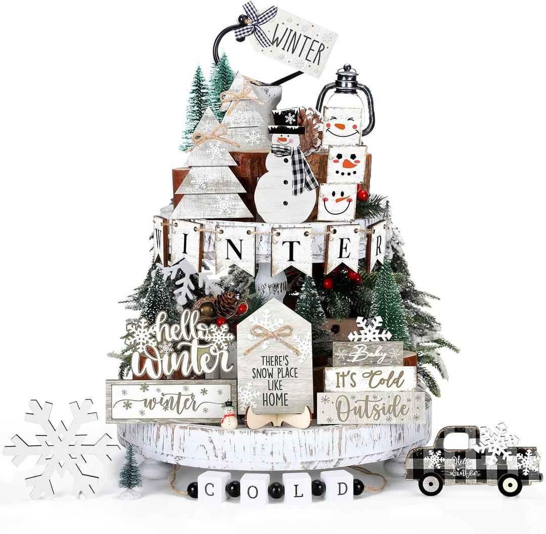 Tatuo 20 Pieces Christmas Winter Tiered Tray Decor Snowman Snowflakes Winter Tiered Tray Decoration Set Christmas Hello Tabletop Wooden Signs