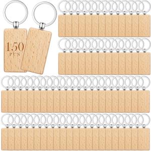 Yinkin 150 Pcs Wooden Keychain Blanks Wood Key Chains Bulk Laser Engraving Rectangle Keychain Blanks Unfinished Wooden Key Ring Key Tag for DIY Gift Crafts
