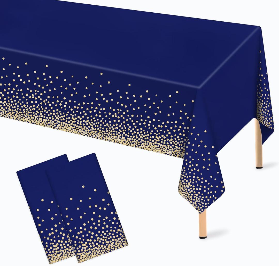 2 Pcs Navy Blue and Gold Plastic Tablecloth for Rectangle Table, 54 108 inches Disposable Gold Dot Dark Blue Party Table Covers for Anniversary, Wedding, Fine Dining, Graduation Party Decoration