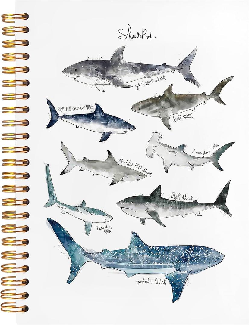 BearCake Shark Gifts Ocean Shark Notebook Journal for Shark Women, Shark Desk Accessories, Shark Office Supplies, Shark Items for Shark Lovers, Beachy Notebook, Hardcover Spiral Notebook 5.5x8.3 (white-children-shark)