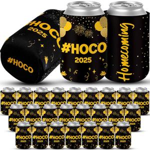 24 Pcs 2025 Homecoming Party Decorations Hoco Can Cooler Sleeve Drink Sleeves for 12 oz Beverage Can Black Gold for Welcome Back to School Homecoming Celebration Supplies