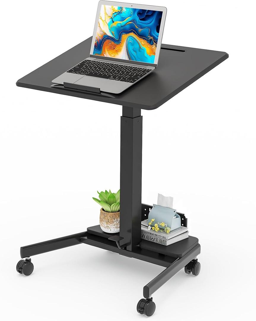 JOY worker Mobile Standing Desk with 90 Tilting Desktop, Foot Pedal Pneumatic Height Adjustable Rolling Desk, Mobile Laptop Cart with Width Adjustable Storage Base, 4 Lockable Wheels, Black
