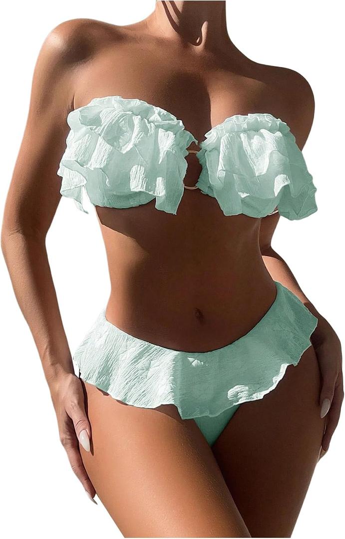SweatyRocks Women's 2 Piece Bandeau Swimsuit Ruffle Trim Ring Bikini Set Strapless High Cut Bathing Suit (Green), Small