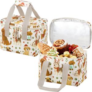 VENO 2 Pack Small Cooler Insulated Lunch Bag Reusable Grocery Shopping Bag | Collapsible Lunch Box Tote for Women Men w/ Handles, Dual Zippers, 9L Capacity for Work Office Picnic Beach (Holiday Pups)