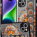 Compatible for iPhone 14 Case Cute with Strap Stand Finger Kickstand, Designer Cool Silicone Cases Funda Cover - Orange Flower Mandala