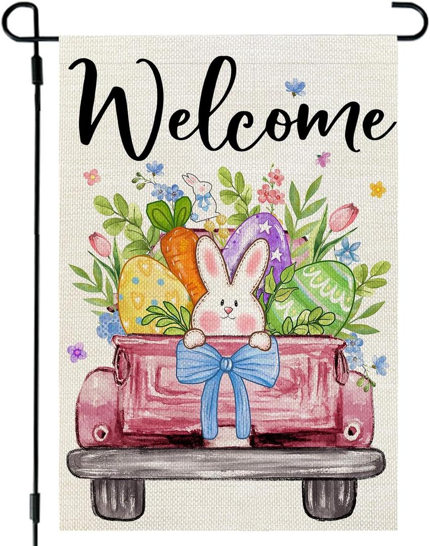 2 x CROWNED BEAUTY Easter Garden Flag Eggs Bunny Truck 12x18 Inch Double Sided Holiday Decoration for Outdoor Lawn Yard