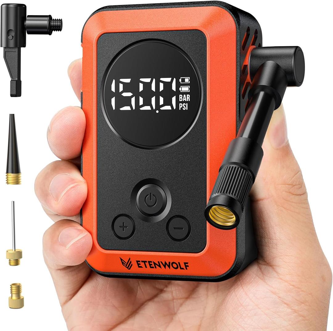 ETENWOLF Mini Bike Pump,20s Fast Inflate Bicycle Pump with Guage,150PSI Portable Electric Bike Air Pump with Presta and Schrader Valve for Mountain Bike,Road Bike,Motorcycle,Car,Sport Ball (Vivid Orange)