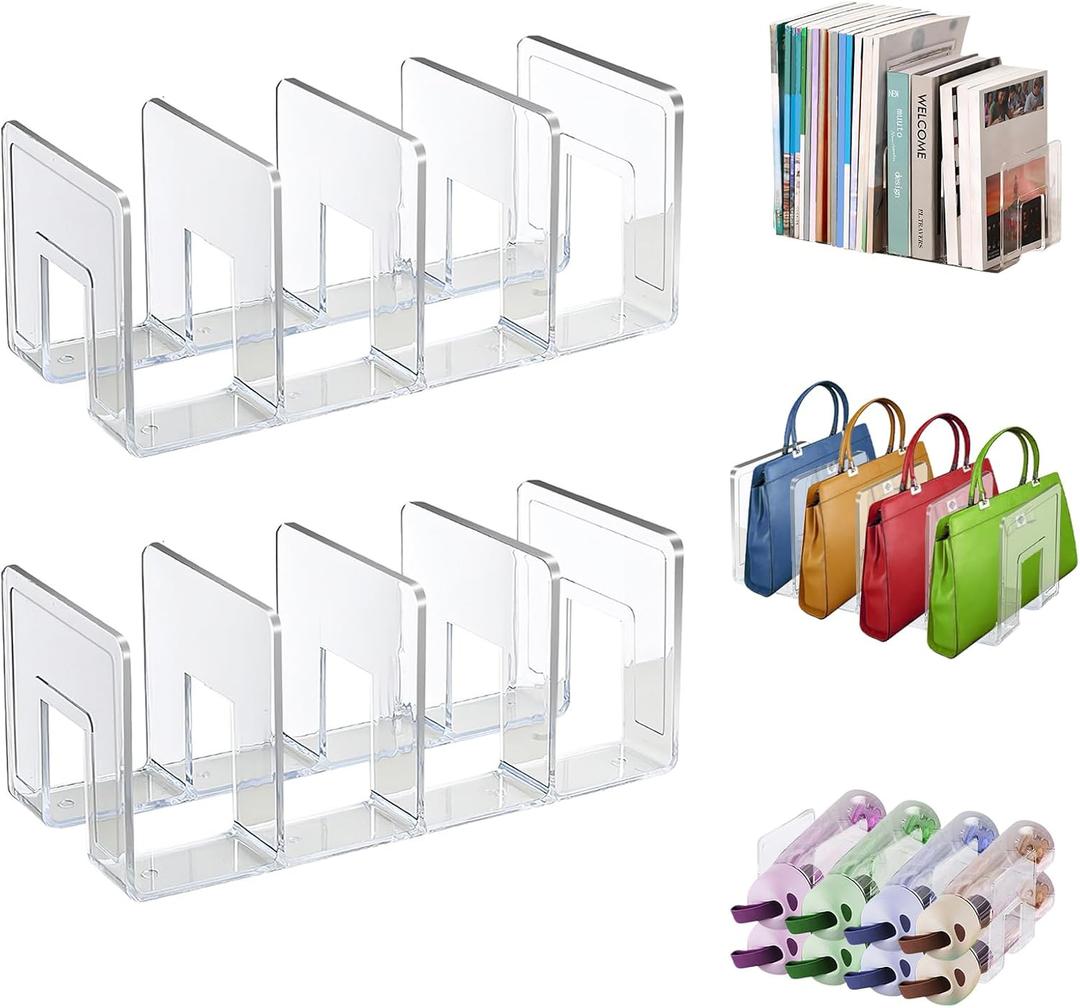 Lemical Clear Acrylic File Sorter 2 Pack Handbag Clutch Purse Organizer Acrylic Shelf Divider Drawer Organizers for Clothes Pouch Notebooks Stand Bookshelf Cooking Utensil (2Pack-4Sections) (Transparent)