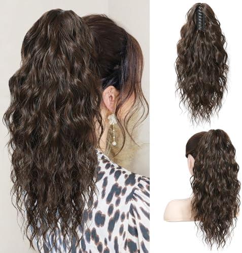 SEIKEA 18" Ponytail Extension Claw Long Multi Layered Hair FluffyThick Wavy Curly Clip in Hair Extensions Ponytail Natural Soft Synthetic Hairpiece for Women Dark Chocolate Brown