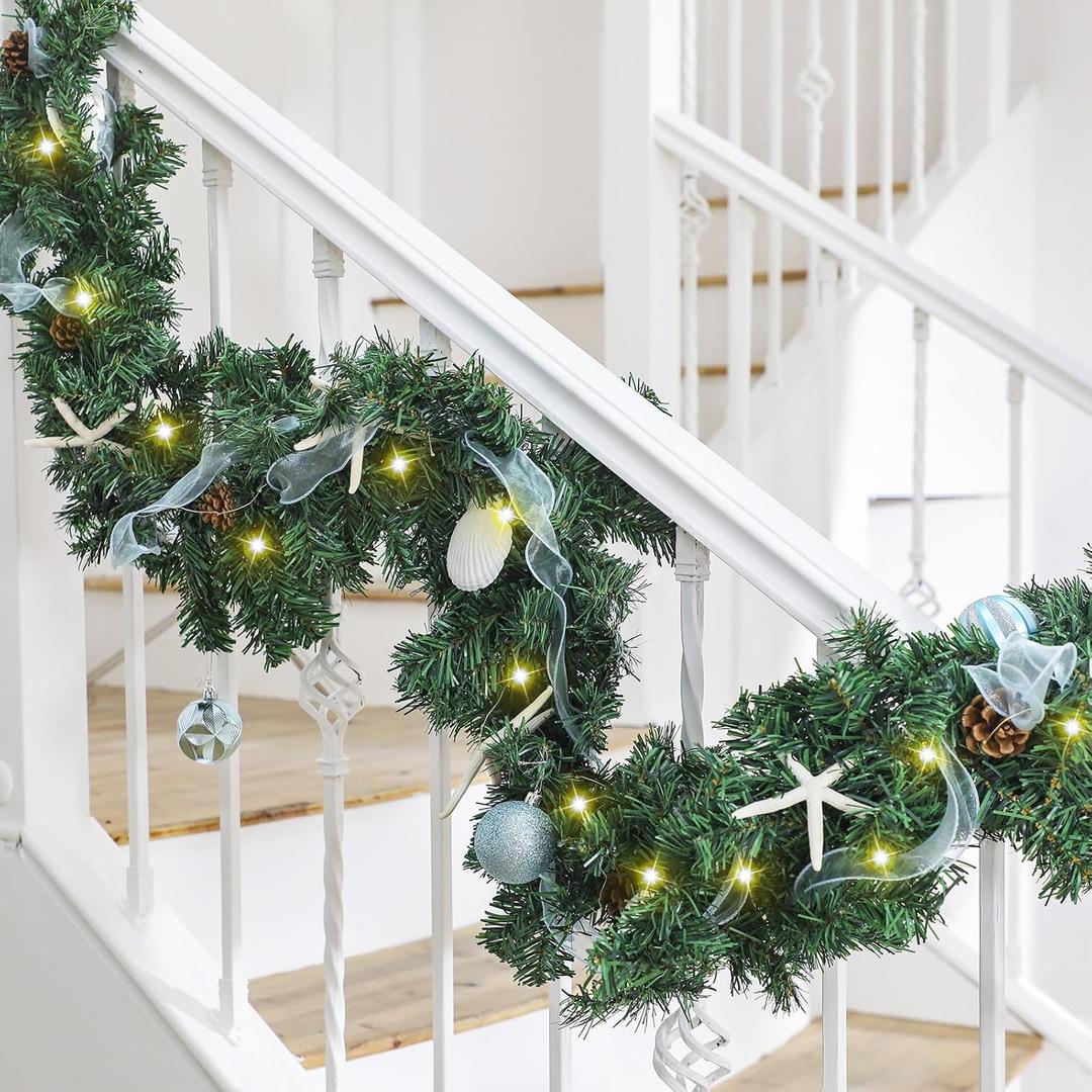 Soulchen 6 ft Pre-lit Christmas Coastal Garland Seaside Beach Themed Garland with Scallop Shells, Starfish Ornaments for Xmas Home Mantle Stairs Fireplace Table Centerpiece Indoor Holiday Decor