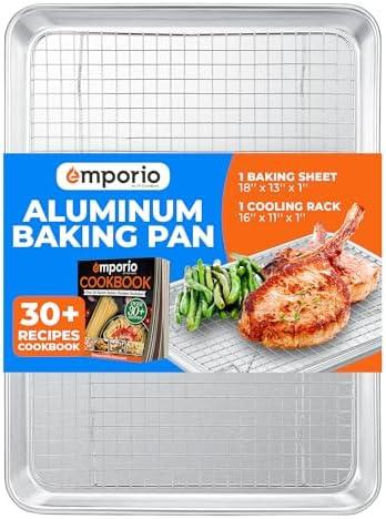 Baking Pan Set - 13" x 18" Aluminum Baking Pan with Stainless Steel Cooling Rack Set, PFOA, PFOS, PTFE Free, Recipe Booklet Included, Oven Safe Tray, Resist Heat Up To 500° F, Set of 2