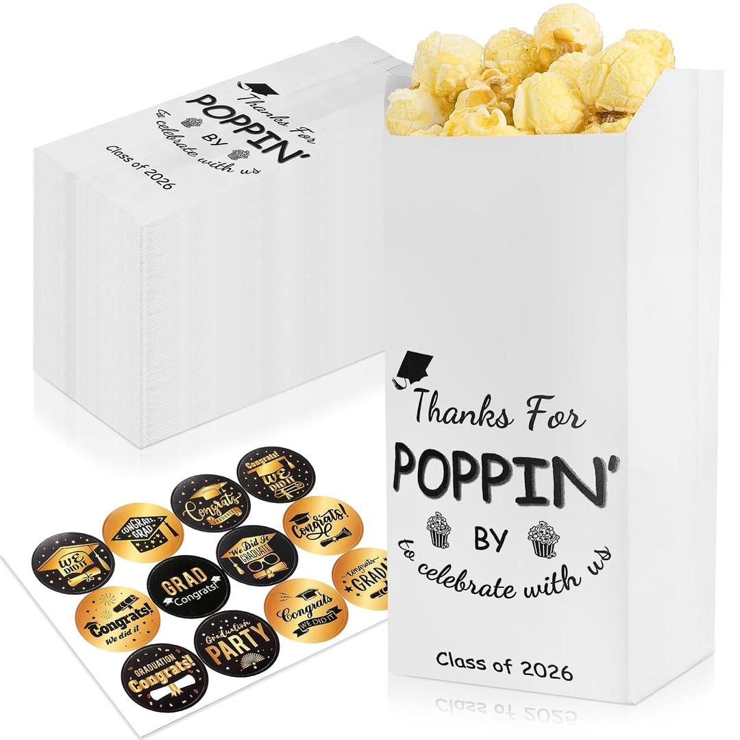 100 Pcs Class of 2026 Graduation Popcorn Bags with Stickers Thanks for Popping by Popcorn Bags to Celebrate Smile Style Grease Resistant Snack Treat Paper Individual Servings for Party Favors(Black)
