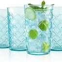 CREATIVELAND Drinking Highball Glasses Set of 4, Vintage Cross Hatch Glass Cups, 16.2oz Tall Drinking Water Glasses, Dishwasher Safe Blue Glass Tumbler Glassware for Water, Juice, Cocktail, Coffee