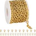 YOUBEIYEE 5 Meters Gold Plated Stainless Steel Chain on Spool Unwelded Cross Link Chain with Jump Rings and Lobster Clasps (1.6x6x8mm)