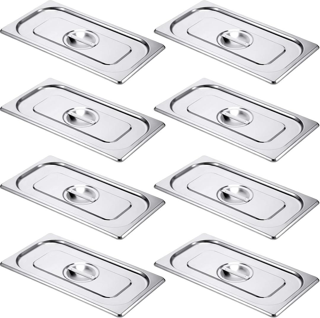 8 Pack Stainless Steel Hotel Pan Lids Metal Steam Prep Table Pan Covers with Handles Bulk for Commercial Restaurant Buffet Catering Roasting Food Trays(12.8 x 6.9 Inch, 1/3 Third Size)
