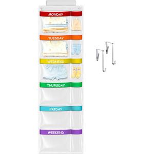 ABCKEY Weekly Kids Clothes Organizer,6-Shelf Hanging Closet Storage with Labels for Monday to Friday,Over the Door or Wall Mount for Home,Dorm,Bedroom (White)
