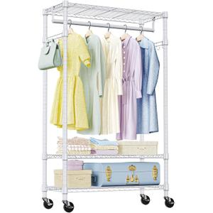 IZEUK Heavy Duty Rolling Garment Rack with 3 Adjustable Wire Shelves, Hanging Rod & Side Hooks - Mobile Clothes Rack with Wheels, 29.5" W x 15.7" D x 75" H, White