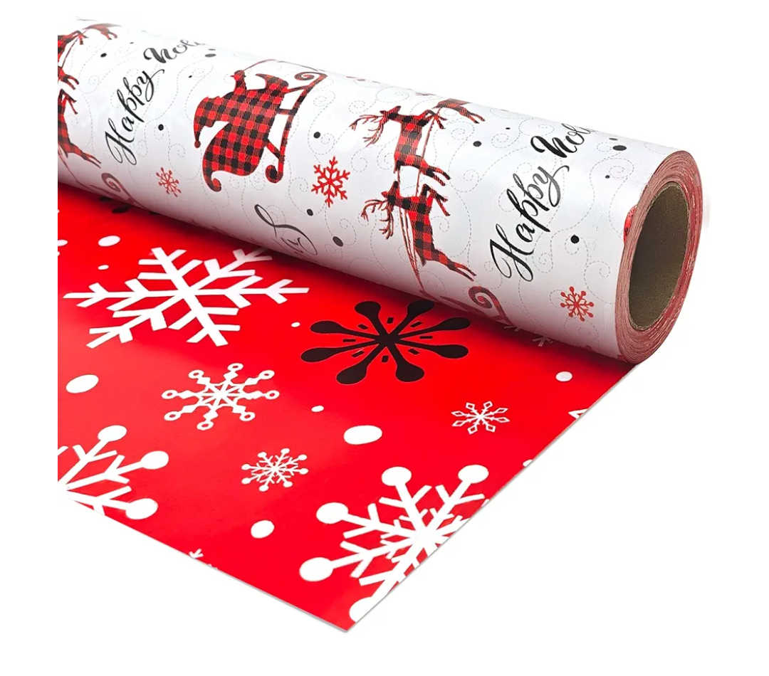 Linelglobal Christmas Wrapping Paper Long Roll Vantage Christmas Tree, Reversible Roll Two Side Wrapping Paper 30x390 Inch - Deer Plaid 2 Pack