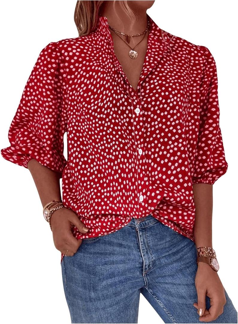 MakeMeChic Women's Ditsy Floral Print Half Sleeve Button Down Shirt Collared Boho Blouse Tops (Medium)