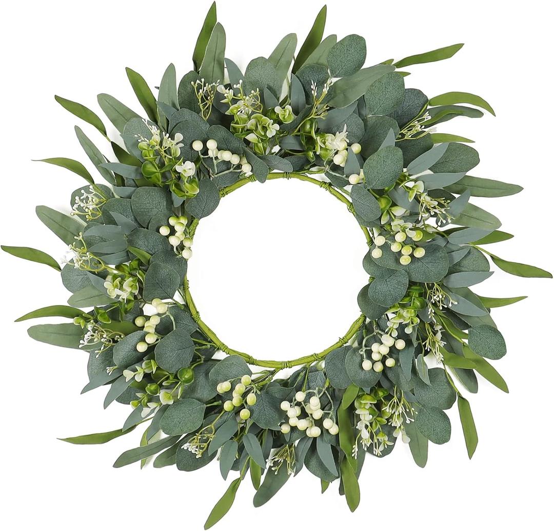 TOCHGREEN 22" Artificial Eucalyptus Wreath - Green Eucalyptus Leaf Wreath with White Berries, Perfect for Front Door, Wall, Patio Decor